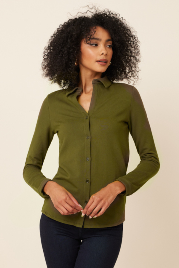 French Terry Long Sleeve Button Down Shirt in Kaki