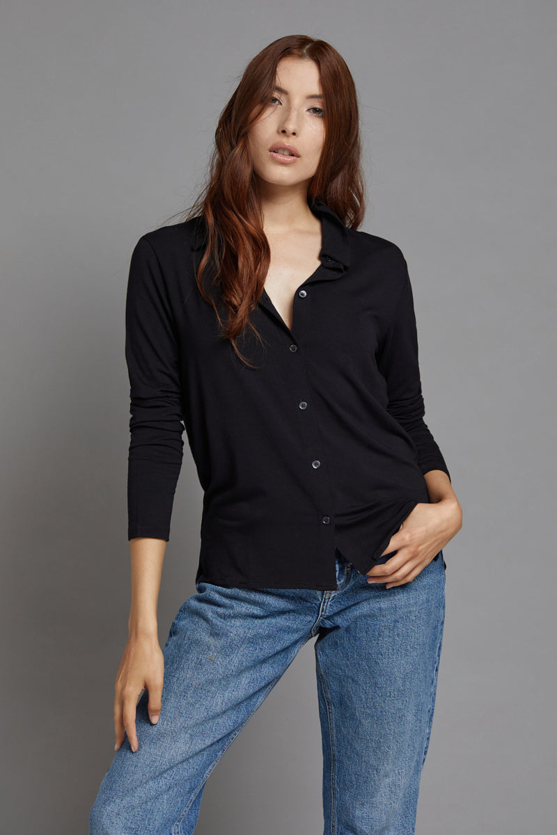 Majestic Long Sleeve Viscose Boxy Button Down in Black