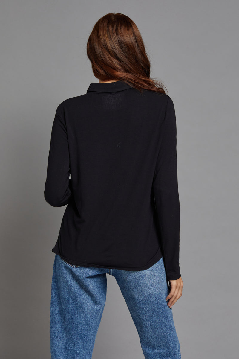 Majestic Long Sleeve Viscose Boxy Button Down in Black